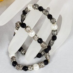 Vintage Bali Silver Faux Pearl Stretch Bracelets